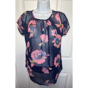 Papermoon Stitch Fix Keyhole Navy Pink Floral Semi Sheer Blouse Size S